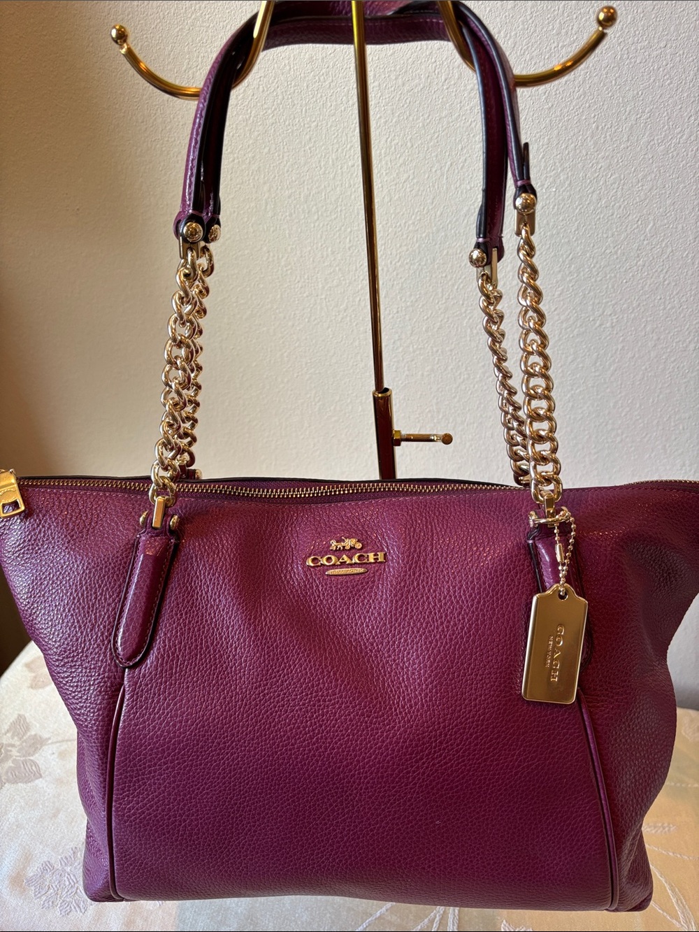 Coach Ava Chain Pebbled Leather Shoulder Tote in Plum with Gold Hardware.